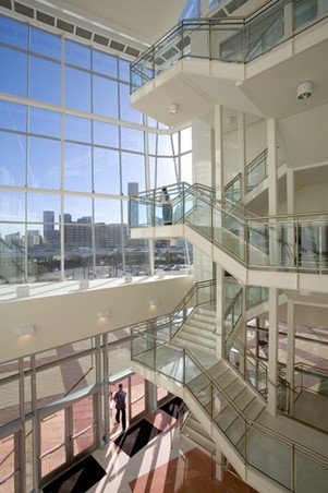 View of the Marilyn Davies College of Business white spiral staircase 