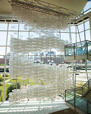 photo of the shea street lobby with the "Cloud Deck" art installation