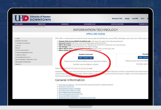 Screenshot of Information Technology page with instructions to Gatormail
