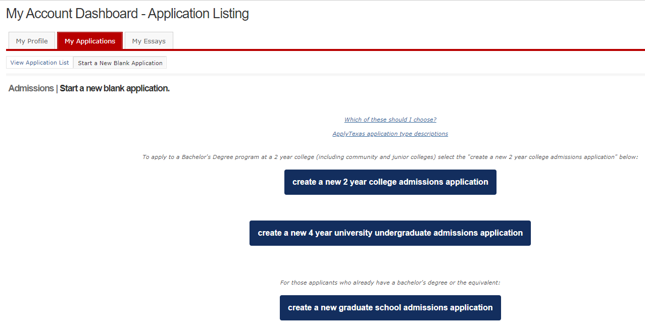 Create a new 4 year university undergraduate admissions application