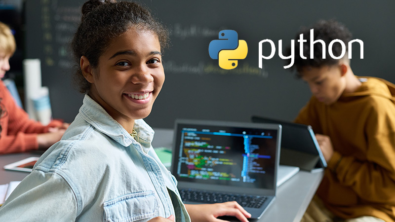 Teenage girl at a laptop with Python logo