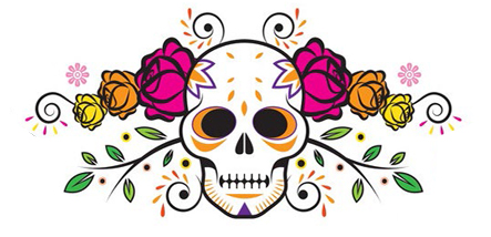 line art illustration of a sugar skull with decorative surroundings
