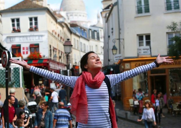 student in the streets of Vipiteno, Italy