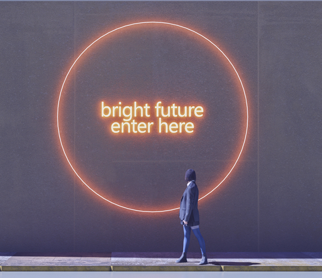 Young person stand in front of a neon sign that says Bright Future Enter Here