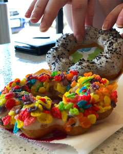 two frosted colorful donut rings