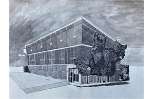 drawing of exterior of 2-story office building by Manuel Gomez