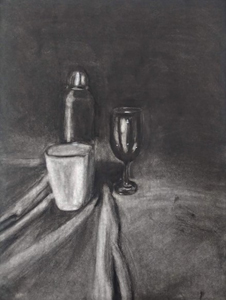 hand drawn still life of cup, shaker and wine glass