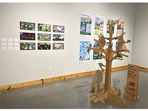 Section of O'Kane Gallery focused on student art with Earth Day subject matter