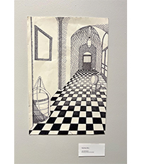 pen black and white drawing of parquet floor, arched ceiling, hallway, a queen Anne chair
