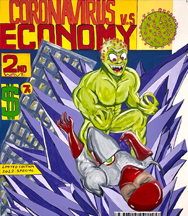 green monster representing corona virus stomping on a super hero representing the economy in comic book cover style