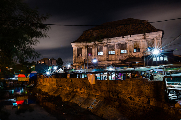 Exterior of a building lit at night