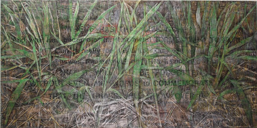 Lydia Bodnar-Balahutrak,Will the Grass Grows Over It, mixed-media on canvas, 48 x 96 inches, 2013