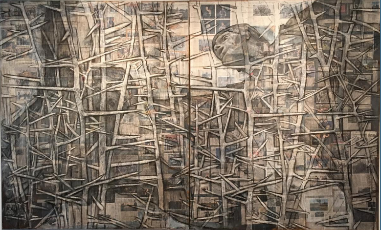 Lydia Bodnar-Balahutrak, Thorns & Falling Idols, charcoal, collage, on canvas, 97x152 inch diptych