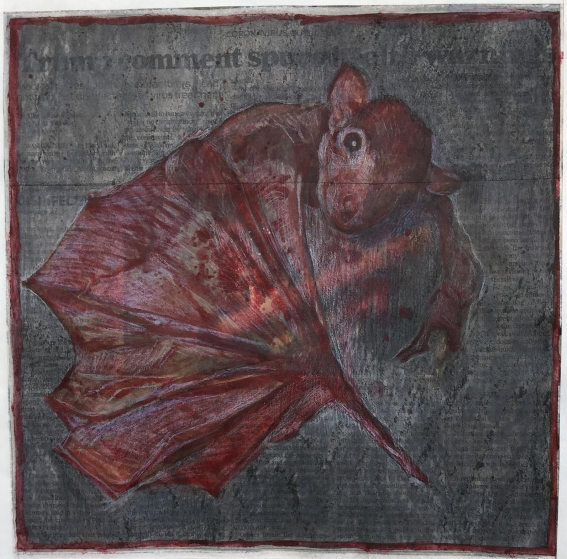 Lydia Bodnar-Balahutrak, Crimson Stain, charcoal, gouache, collage on paper, 2020