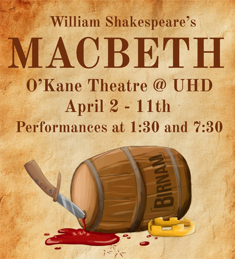 MacBeth play poster a over turned wooden barrel with a knife in the lid leaking blood