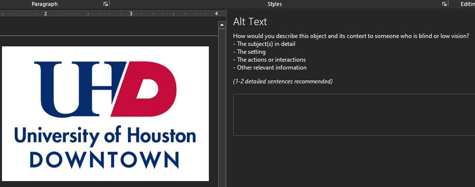 screenshot of a logo in a Word document with the alt text entry box shown