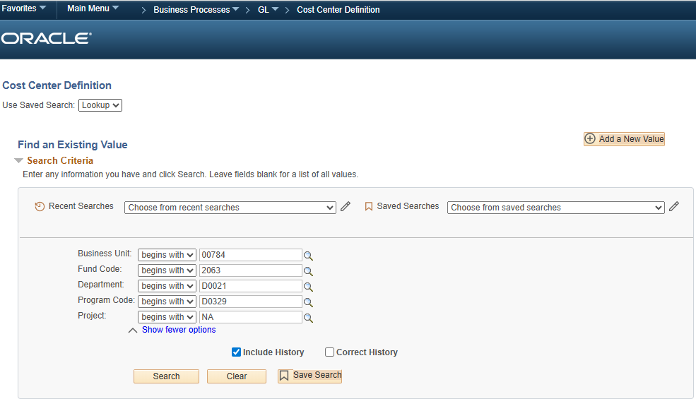 cost center definition screen