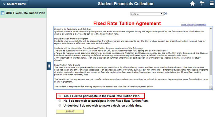 screen shot of the fixed rate tuition agreement
