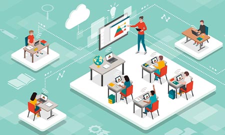 Cartoon of students sitting in a virtual classroom