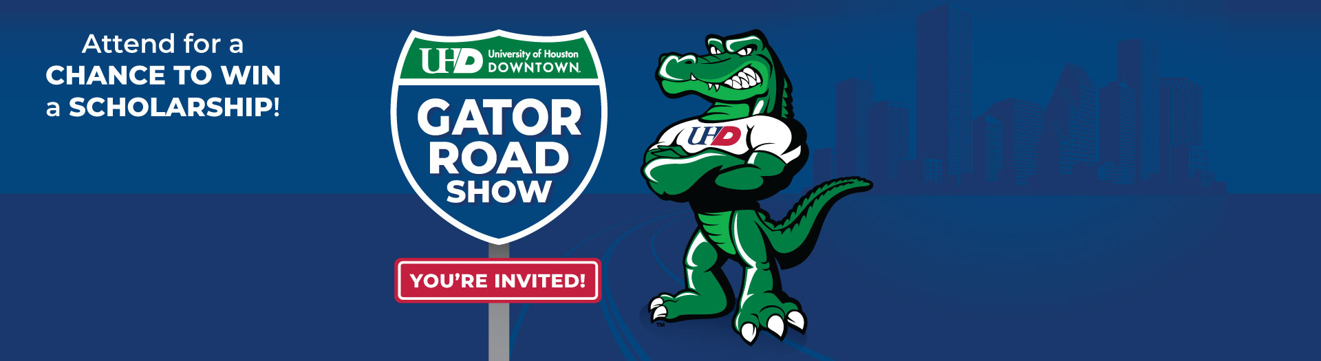 Gator Roadshow sign with UHD Gator and Houston Downtown skyline in the background