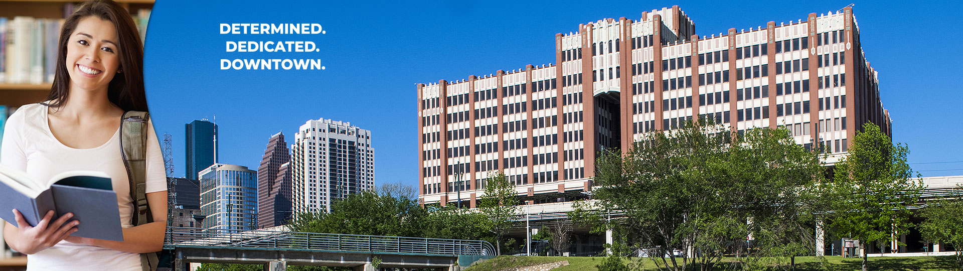 student and view of UHD One Main Building