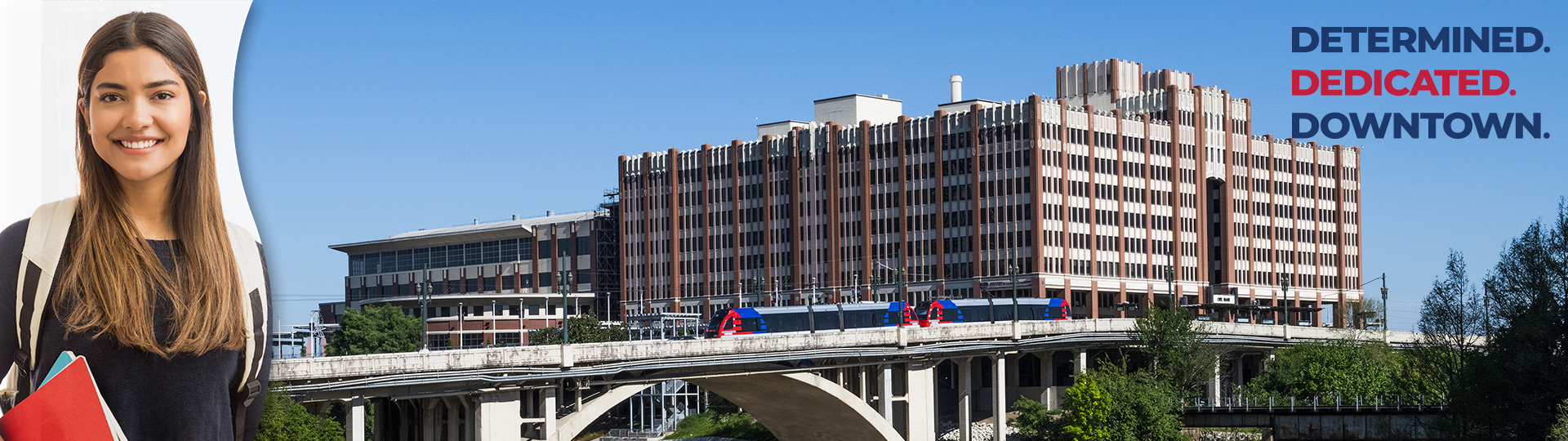 student and view of UHD One Main building