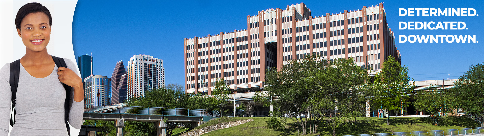 student and view of UHD One Main Building