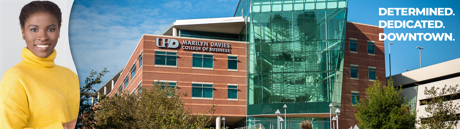 Student and view of Marilyn Davies College of Business