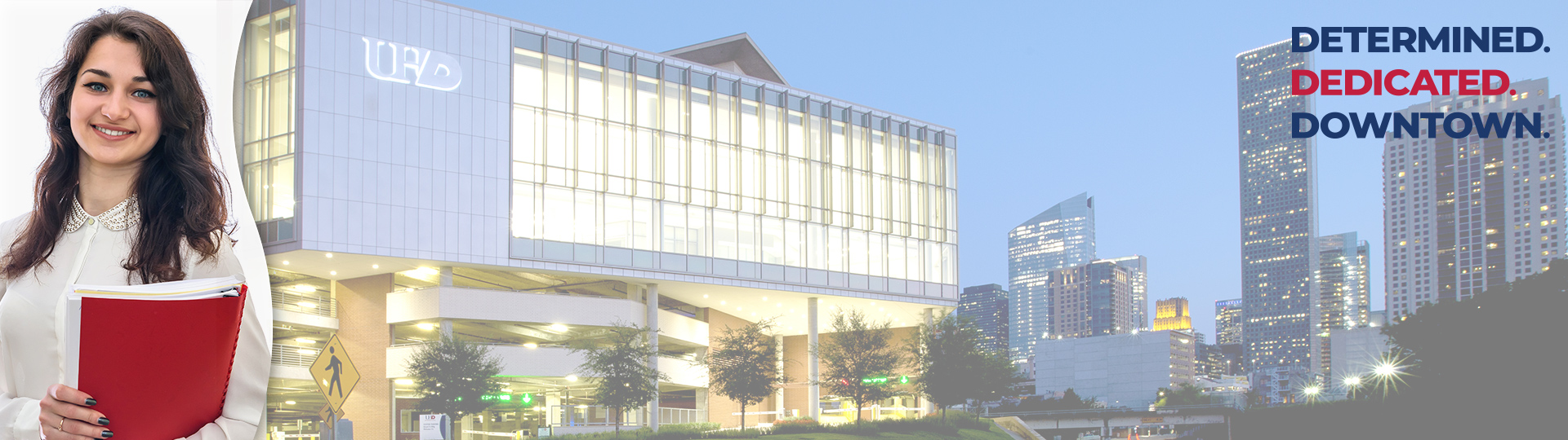 Student and view UHD Visitors Center and Houston's downtown skyline