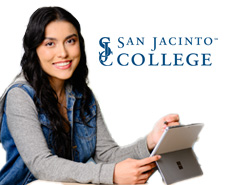Student and San Jacinto College logo