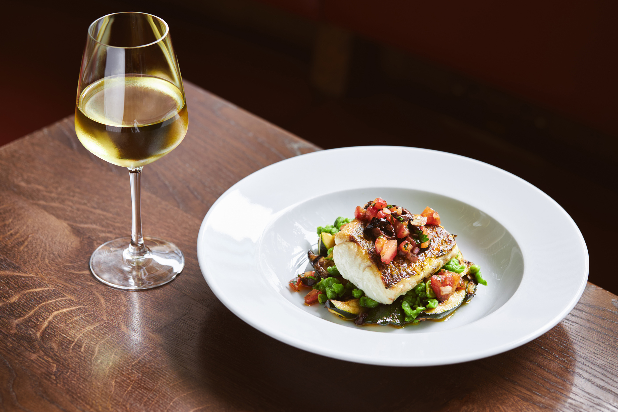 gourmet food with glass of wine