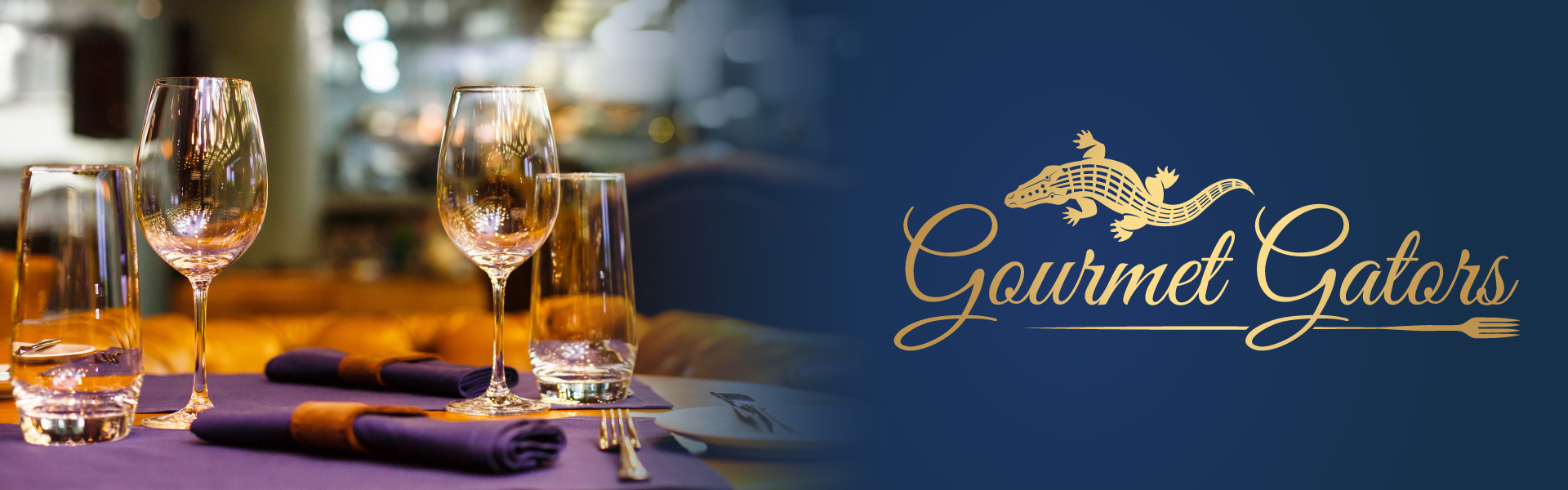 Table set for dinig with the logo of Gourmet Gators