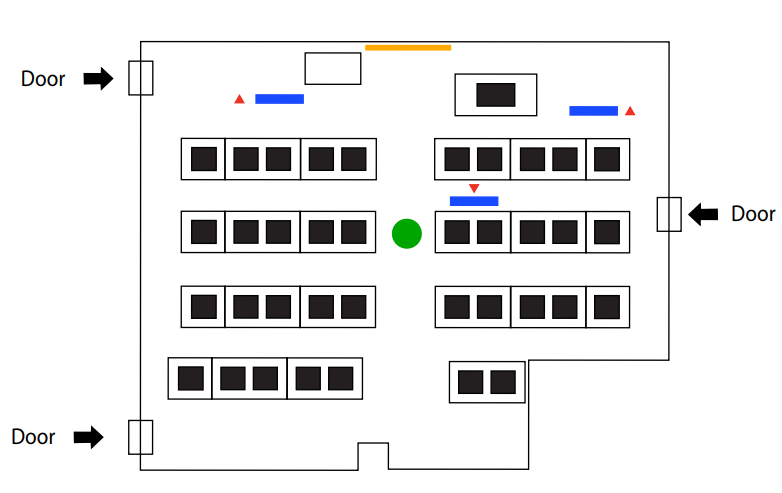Floorplan diagram indicating the location of the various room features, contact multimedia for assistance.