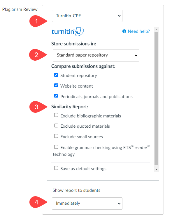 Turnitin CPF options window