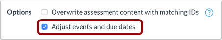 Options with adjust events and due dates highlighted.