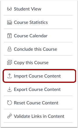 Canvas menu with the Import Course Content highlighted.