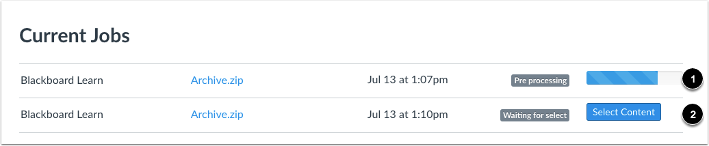 Current jobs status bar with a progress bar listed as 1, and a waiting for select option listed as 2.