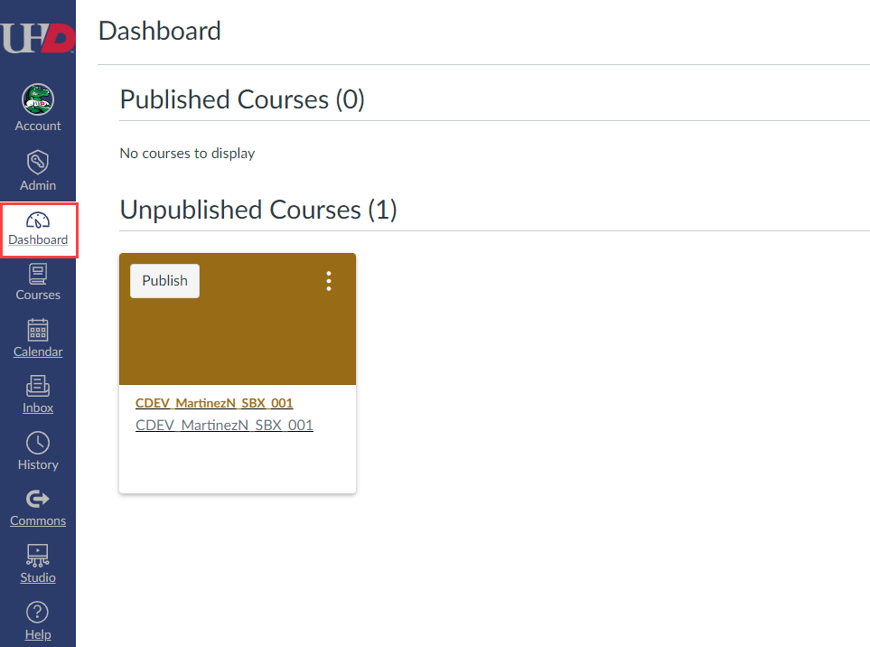 The Canvas Home Page displaying the dashboard of all enrolled courses.