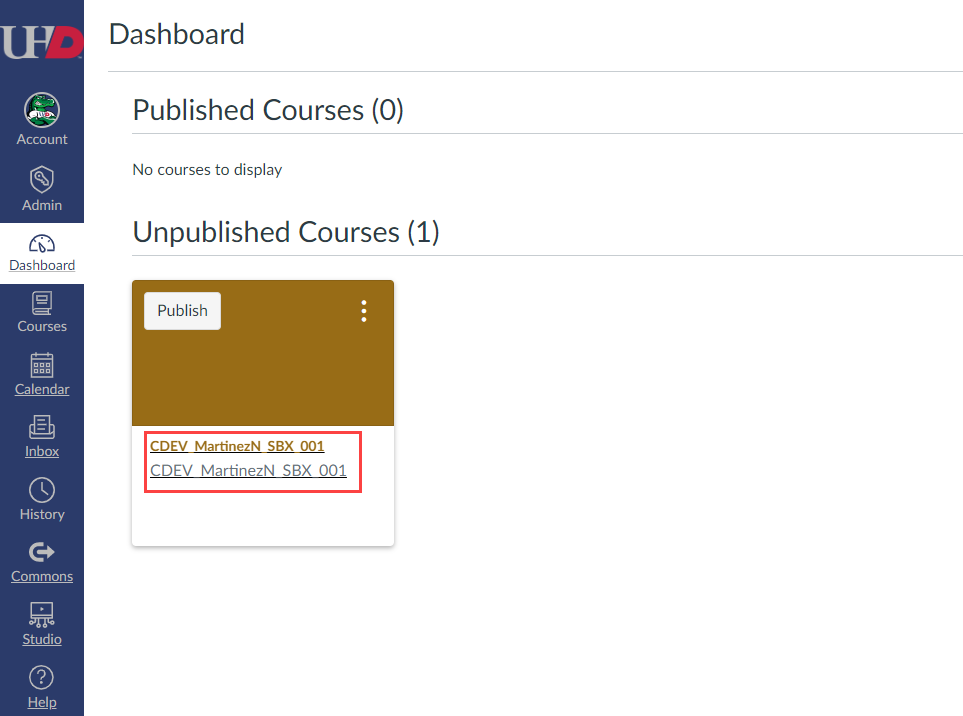 The Canvas Home Page displaying the dashboard with an enrolled courses. highlighted