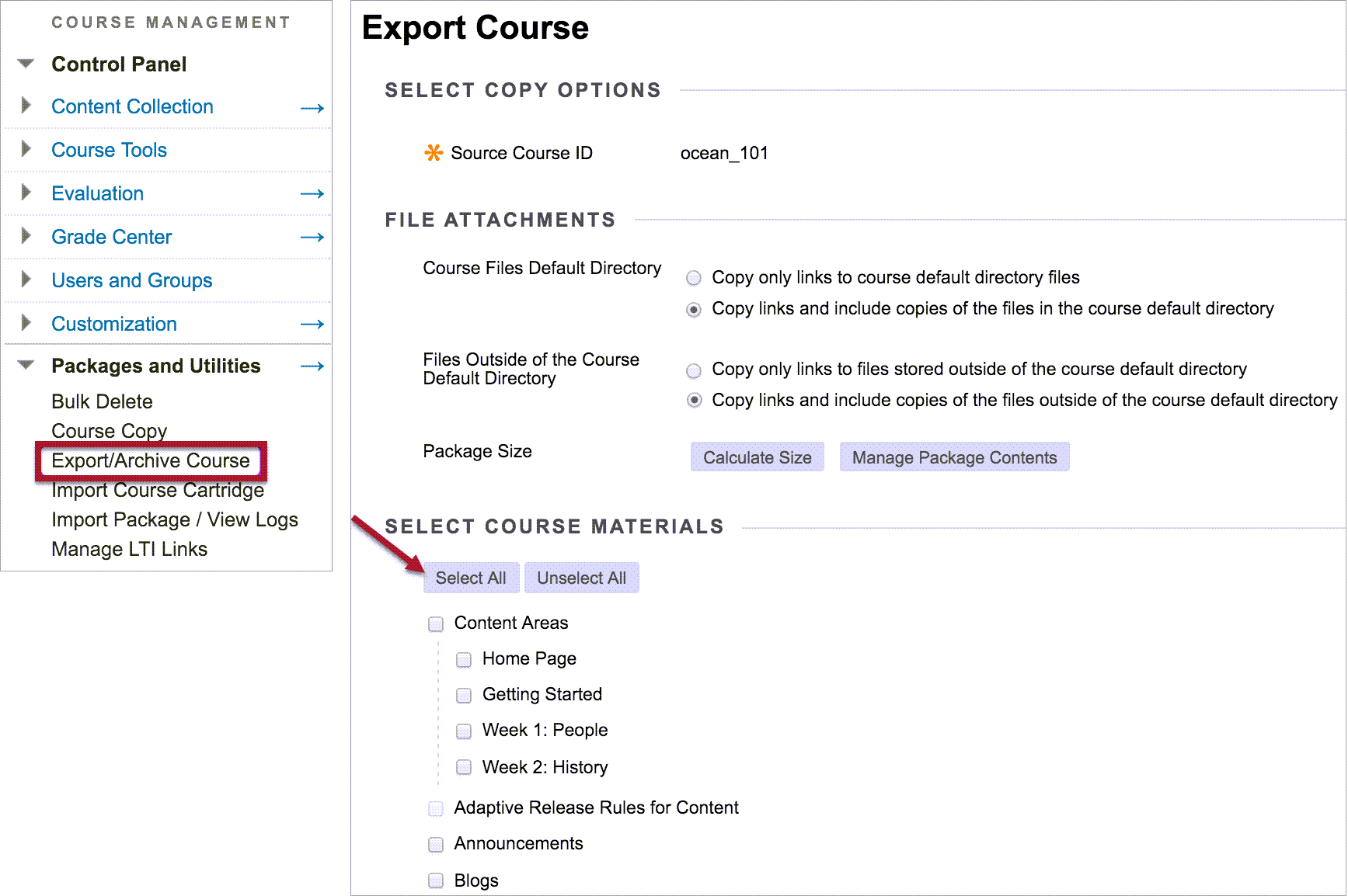 Export course and choose select all content 