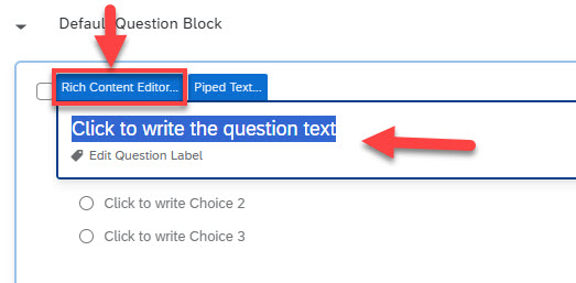 Screenshot of the Question text editor highlighting the Rich Content Editor button
