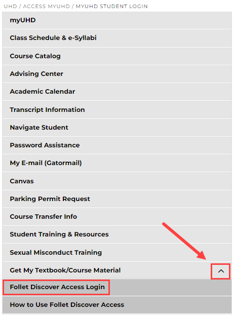 Get my textbook/course material circled on the uhd webpage link sidebar