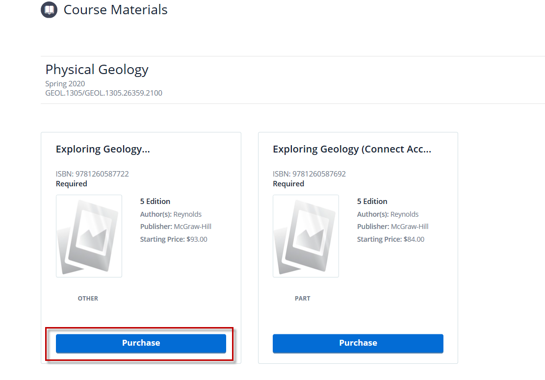 Purchase button highlighted on a course textbook
