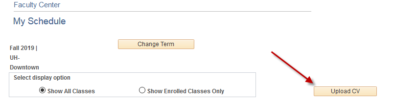 a screenshot of the Upload CV button in Faculty Center