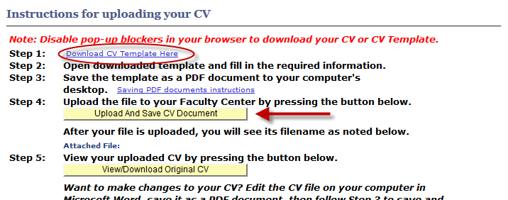a screenshot of the Download CV template link and the Upload and Save CV document link