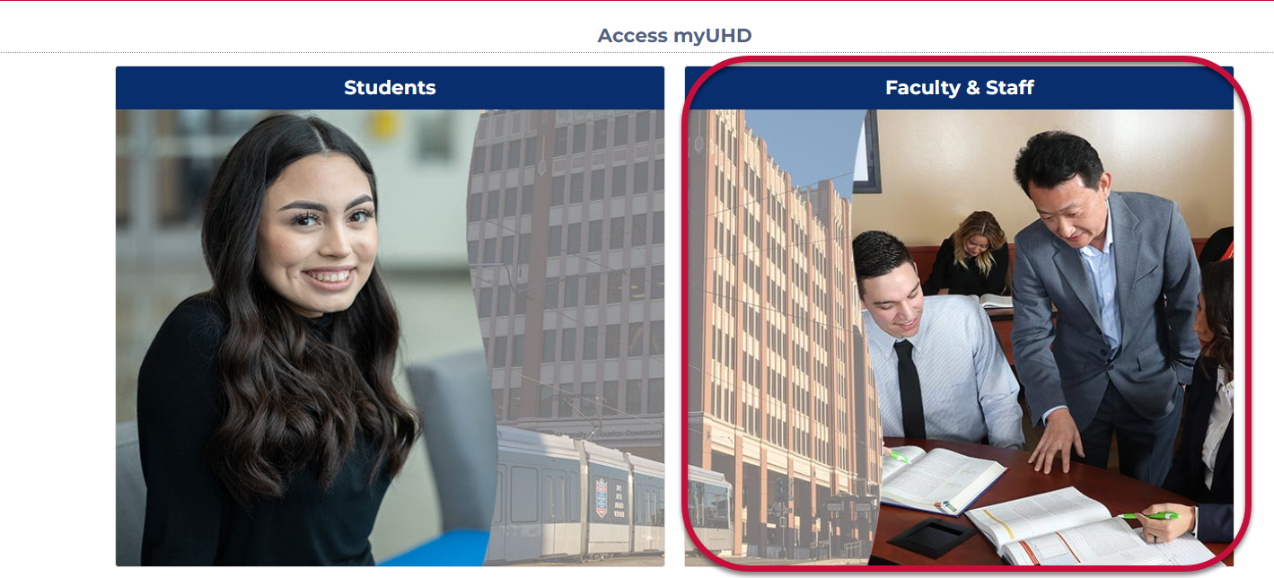 a screenshot of the myUHD screen with an arrow pointing to the myUHD2.0 link for Faculty and Staff 2019