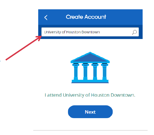 a screenshot of the create an account dialog box with a red arrow pointing at the FInd Your Institution field