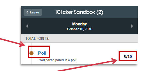 a screenshot of the poll and the session score highlighted by red boxes with red arrows pointing at them