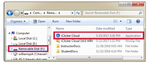 a screenshot of the iClicker Cloud application and files stored on a removeable drive