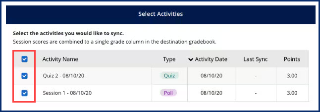 Select activities dashboard.
